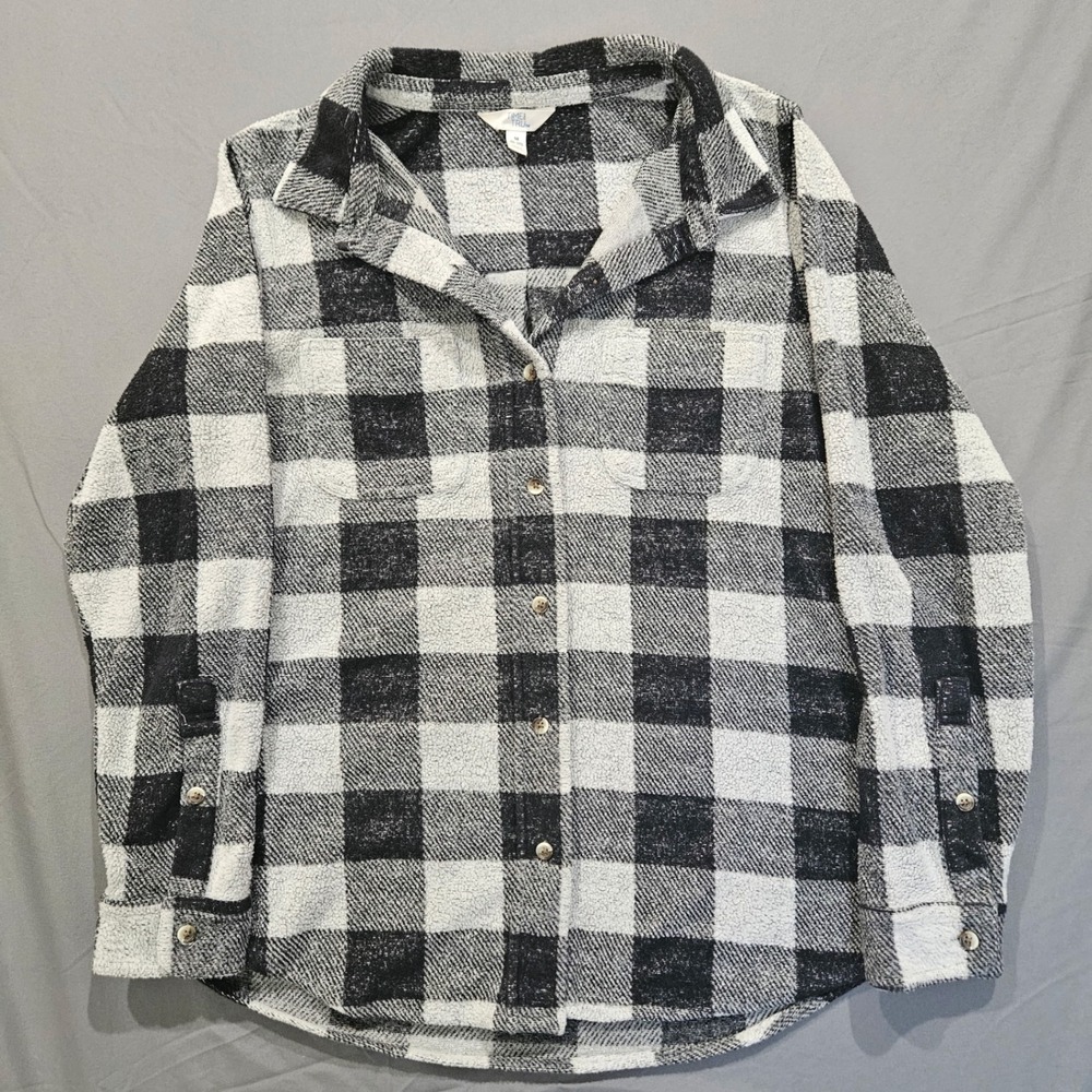 Time and Tru Plaid Shacket Mens M Black White Buffalo Check Fleece Shirt TT42100